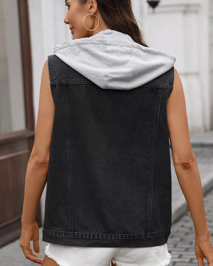 Button Up Removable Hooded Sleeveless Denim Jacket - THE AMERICAN BLUE