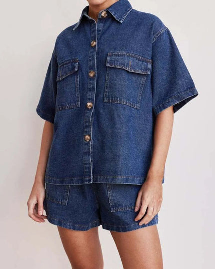 Button Up Short Sleeve Top and Shorts Denim Set - THE AMERICAN BLUE