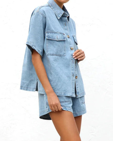 Button Up Short Sleeve Top and Shorts Denim Set - THE AMERICAN BLUE