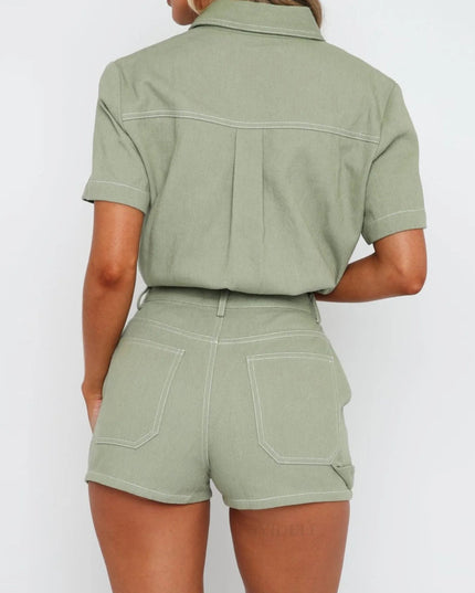 Button Up Short Sleeve Top and Shorts Denim Set - THE AMERICAN BLUE
