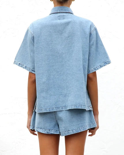 Button Up Short Sleeve Top and Shorts Denim Set - THE AMERICAN BLUE