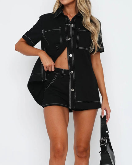 Button Up Short Sleeve Top and Shorts Denim Set - THE AMERICAN BLUE