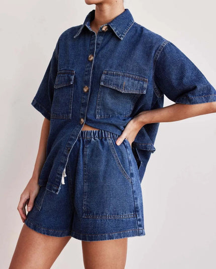 Button Up Short Sleeve Top and Shorts Denim Set - THE AMERICAN BLUE