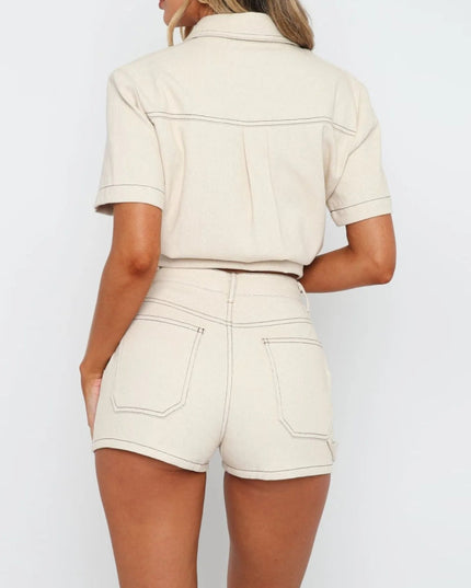 Button Up Short Sleeve Top and Shorts Denim Set - THE AMERICAN BLUE