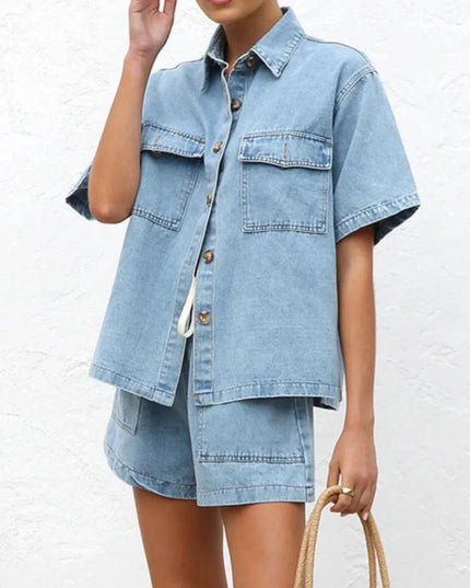 Button Up Short Sleeve Top and Shorts Denim Set - THE AMERICAN BLUE