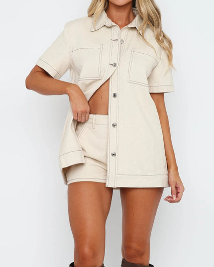 Button Up Short Sleeve Top and Shorts Denim Set - THE AMERICAN BLUE