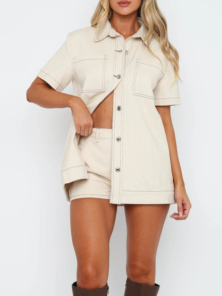 Button Up Short Sleeve Top and Shorts Denim Set - THE AMERICAN BLUE
