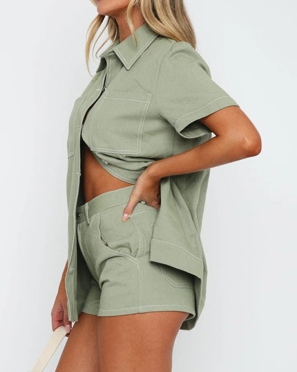 Button Up Short Sleeve Top and Shorts Denim Set - THE AMERICAN BLUE