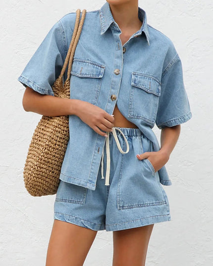 Button Up Short Sleeve Top and Shorts Denim Set - THE AMERICAN BLUE