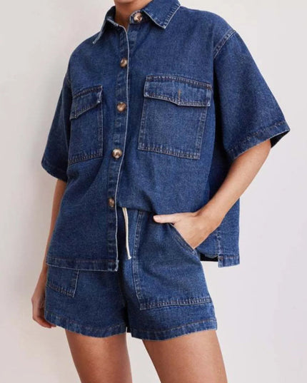 Button Up Short Sleeve Top and Shorts Denim Set - THE AMERICAN BLUE