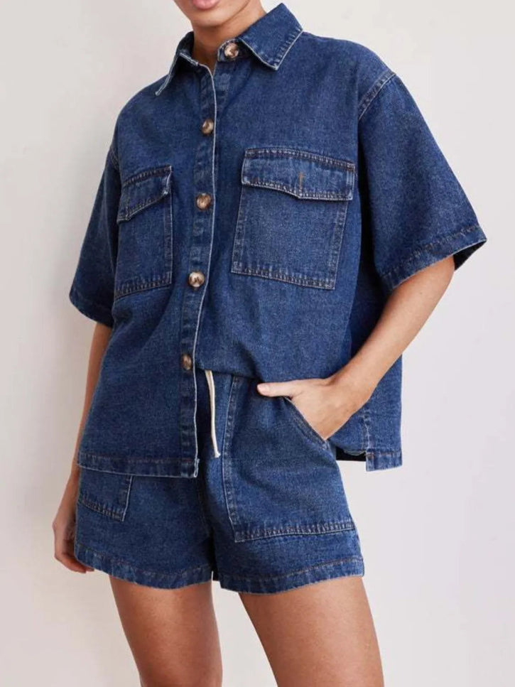 Button Up Short Sleeve Top and Shorts Denim Set - THE AMERICAN BLUE