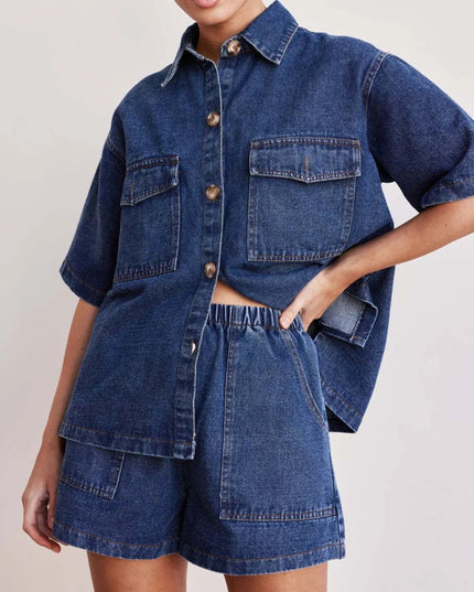 Button Up Short Sleeve Top and Shorts Denim Set - THE AMERICAN BLUE