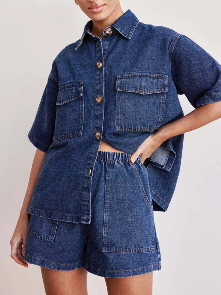 Button Up Short Sleeve Top and Shorts Denim Set - THE AMERICAN BLUE