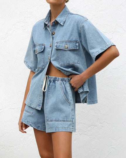 Button Up Short Sleeve Top and Shorts Denim Set - THE AMERICAN BLUE