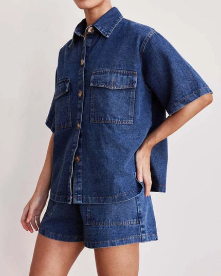 Button Up Short Sleeve Top and Shorts Denim Set - THE AMERICAN BLUE