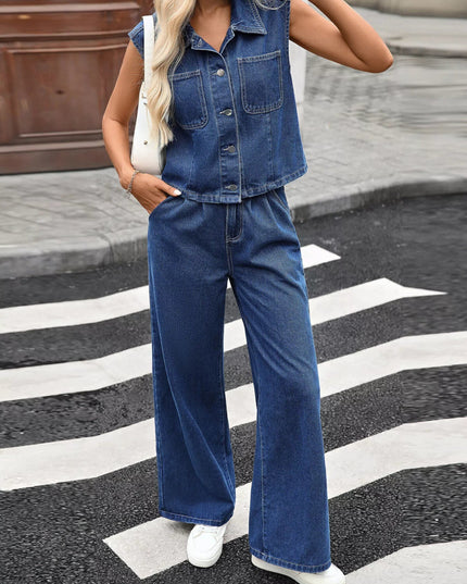 Button Up Vest and Jeans Denim Set - THE AMERICAN BLUE