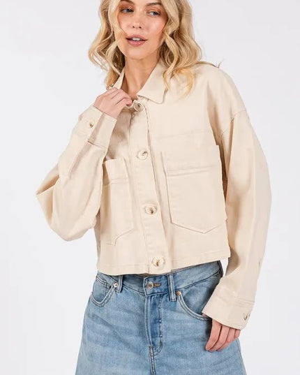 bytos Button Down Cropped Denim Jacket with Patch Pockets - THE AMERICAN BLUE