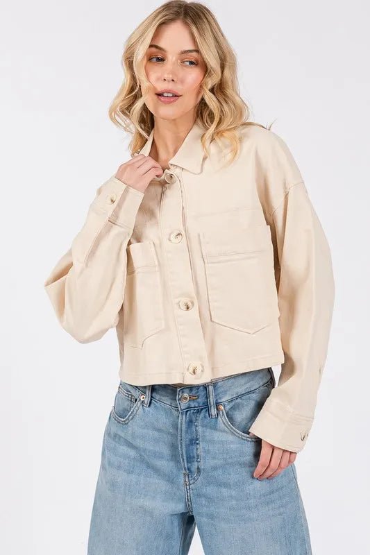 bytos Button Down Cropped Denim Jacket with Patch Pockets - THE AMERICAN BLUE