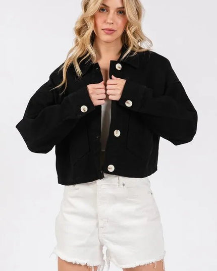 bytos Button Down Cropped Denim Jacket with Patch Pockets - THE AMERICAN BLUE