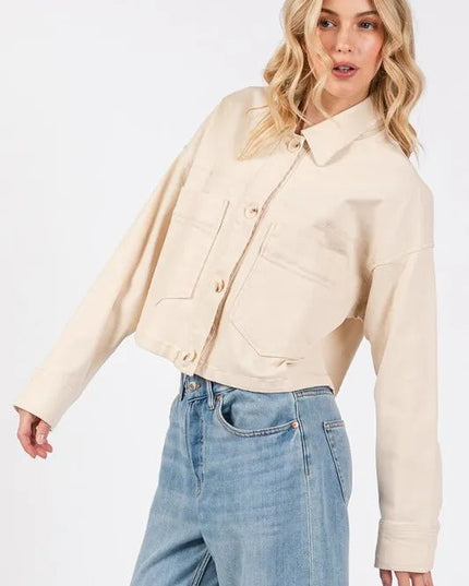 bytos Button Down Cropped Denim Jacket with Patch Pockets - THE AMERICAN BLUE