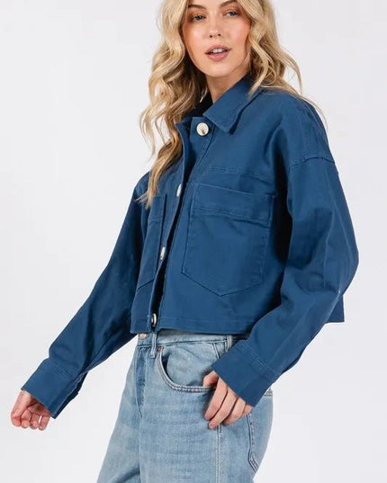 bytos Button Down Cropped Denim Jacket with Patch Pockets - THE AMERICAN BLUE