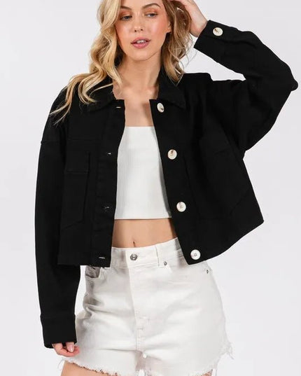 bytos Button Down Cropped Denim Jacket with Patch Pockets - THE AMERICAN BLUE