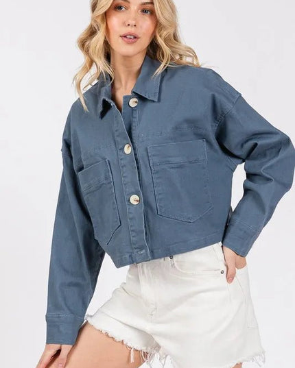 bytos Button Down Cropped Denim Jacket with Patch Pockets - THE AMERICAN BLUE