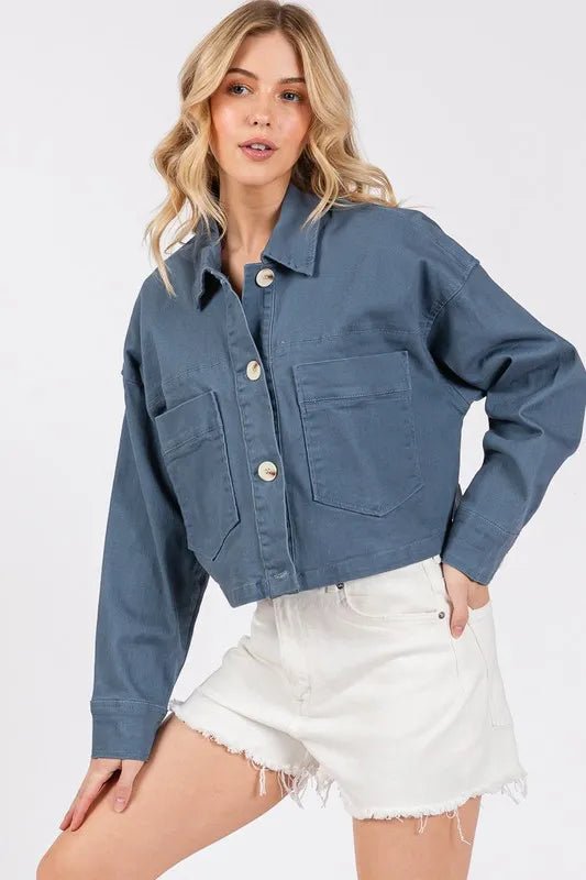bytos Button Down Cropped Denim Jacket with Patch Pockets - THE AMERICAN BLUE