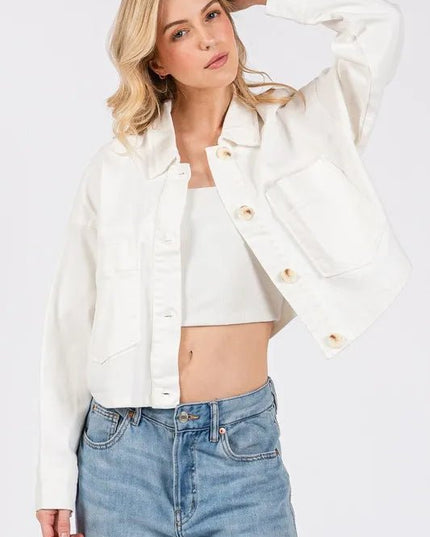bytos Button Down Cropped Denim Jacket with Patch Pockets - THE AMERICAN BLUE