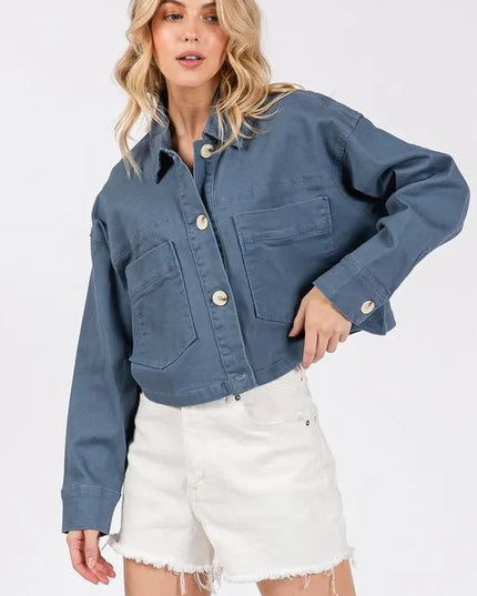 bytos Button Down Cropped Denim Jacket with Patch Pockets - THE AMERICAN BLUE