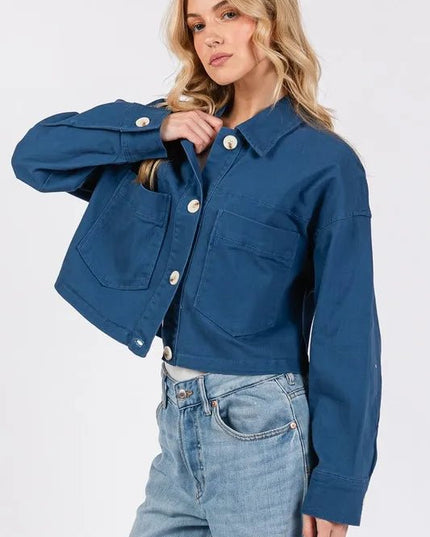 bytos Button Down Cropped Denim Jacket with Patch Pockets - THE AMERICAN BLUE