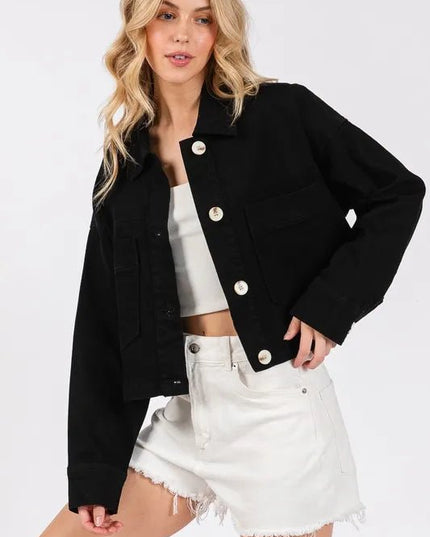 bytos Button Down Cropped Denim Jacket with Patch Pockets - THE AMERICAN BLUE