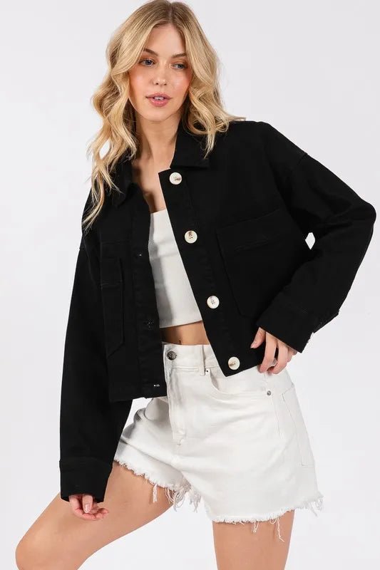 bytos Button Down Cropped Denim Jacket with Patch Pockets - THE AMERICAN BLUE