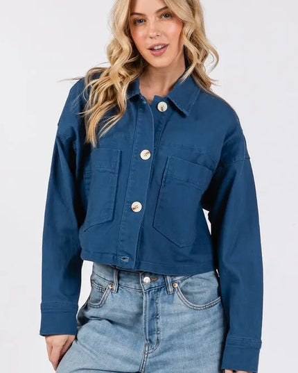 bytos Button Down Cropped Denim Jacket with Patch Pockets - THE AMERICAN BLUE