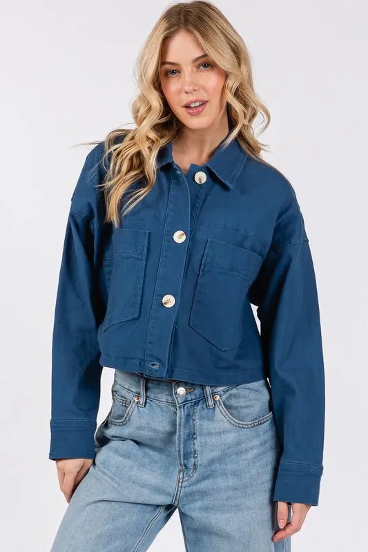 bytos Button Down Cropped Denim Jacket with Patch Pockets - THE AMERICAN BLUE