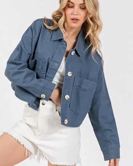 bytos Button Down Cropped Denim Jacket with Patch Pockets - THE AMERICAN BLUE