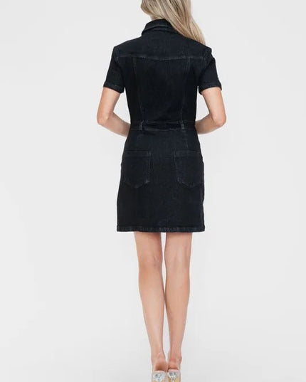 bytos Full Size Embellished Button Down Short Sleeve Denim Dress - THE AMERICAN BLUE