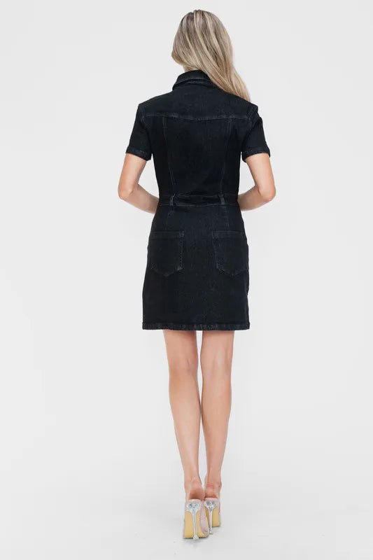 bytos Full Size Embellished Button Down Short Sleeve Denim Dress - THE AMERICAN BLUE
