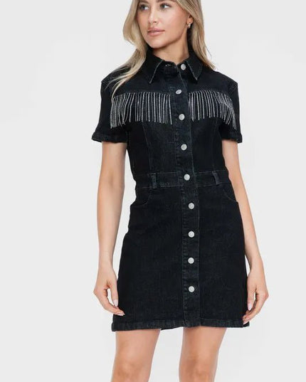 bytos Full Size Embellished Button Down Short Sleeve Denim Dress - THE AMERICAN BLUE