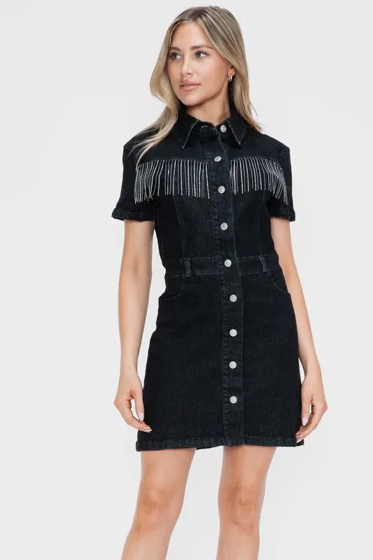 bytos Full Size Embellished Button Down Short Sleeve Denim Dress - THE AMERICAN BLUE