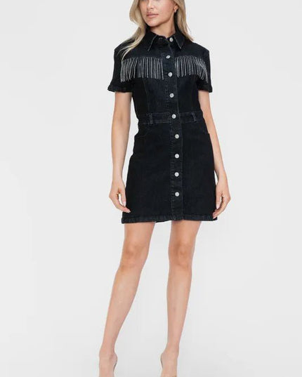 bytos Full Size Embellished Button Down Short Sleeve Denim Dress - THE AMERICAN BLUE