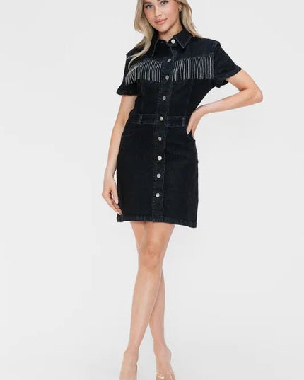 bytos Full Size Embellished Button Down Short Sleeve Denim Dress - THE AMERICAN BLUE