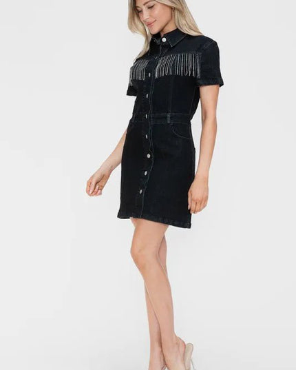 bytos Full Size Embellished Button Down Short Sleeve Denim Dress - THE AMERICAN BLUE