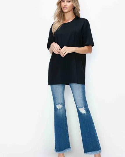 bytos Full Size Raw Hem Distressed High Rise Bootcut Jeans - THE AMERICAN BLUE