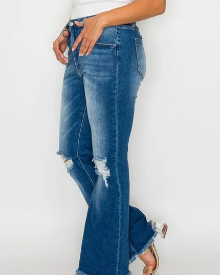bytos Full Size Raw Hem Distressed High Rise Bootcut Jeans - THE AMERICAN BLUE