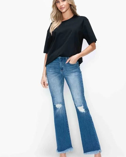 bytos Full Size Raw Hem Distressed High Rise Bootcut Jeans - THE AMERICAN BLUE