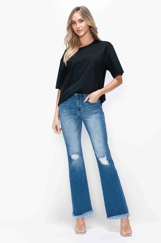 bytos Full Size Raw Hem Distressed High Rise Bootcut Jeans - THE AMERICAN BLUE