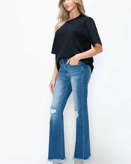 bytos Full Size Raw Hem Distressed High Rise Bootcut Jeans - THE AMERICAN BLUE