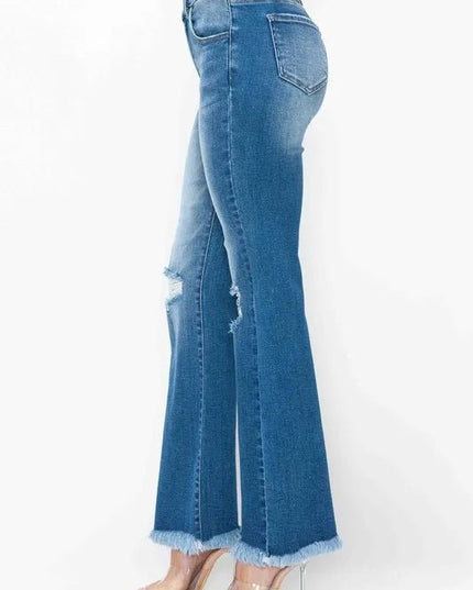 bytos Full Size Raw Hem Distressed High Rise Bootcut Jeans - THE AMERICAN BLUE