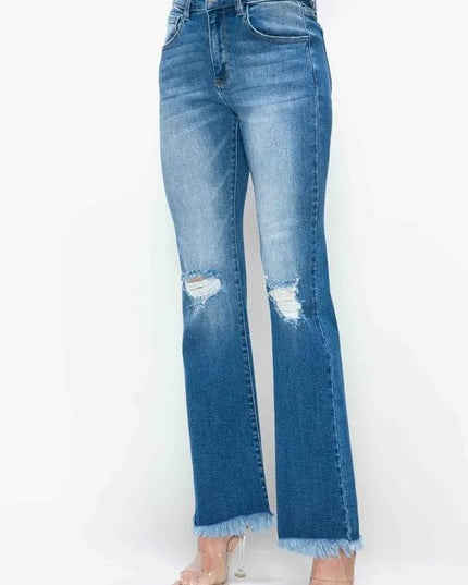 bytos Full Size Raw Hem Distressed High Rise Bootcut Jeans - THE AMERICAN BLUE